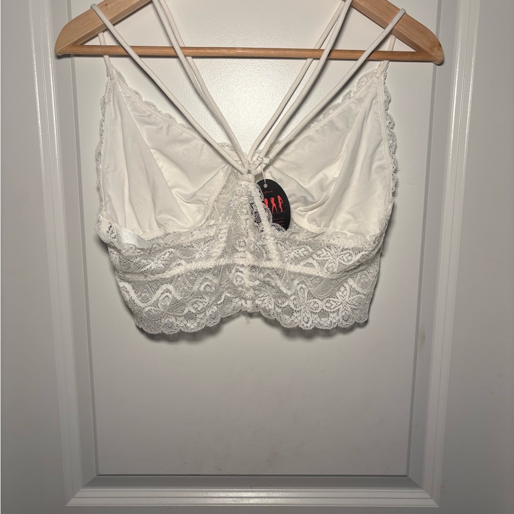 White Lace Satin Bralette Women’s Triangle Bra Soft Cup Wireless Minimal Feminin - Picture 5 of 6